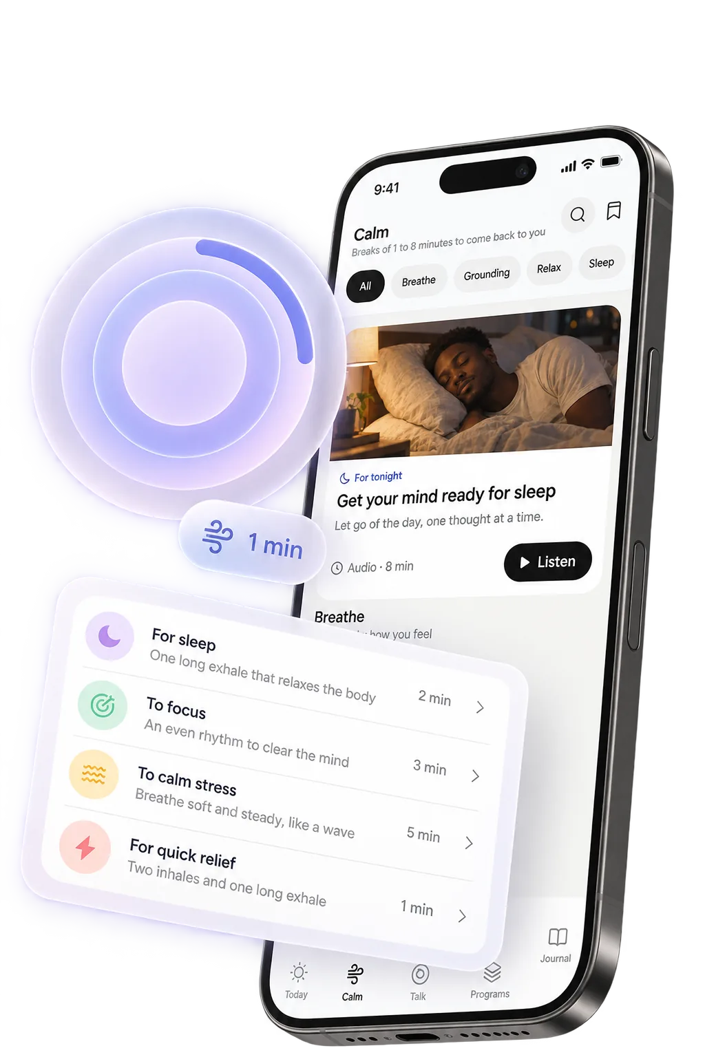 The Claromi Calm screen with a breathing circle, an exercise list and a 1-minute chip.