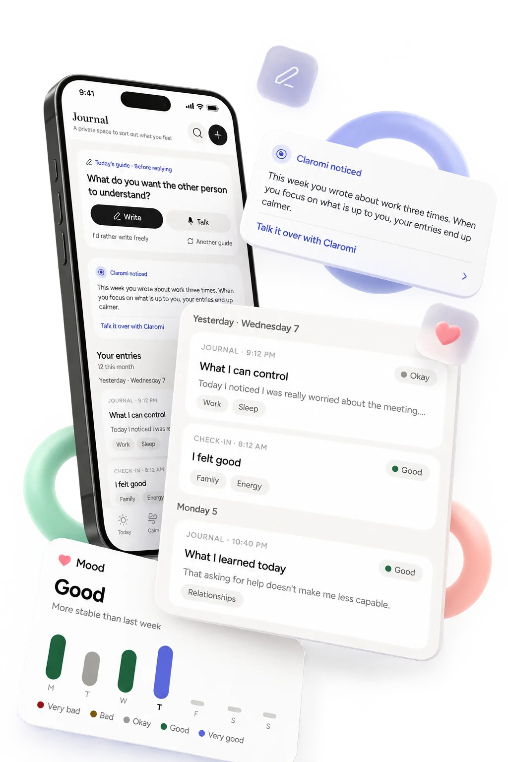 Claromi's journal: a list of entries, a weekly mood chart and a note from Claromi.