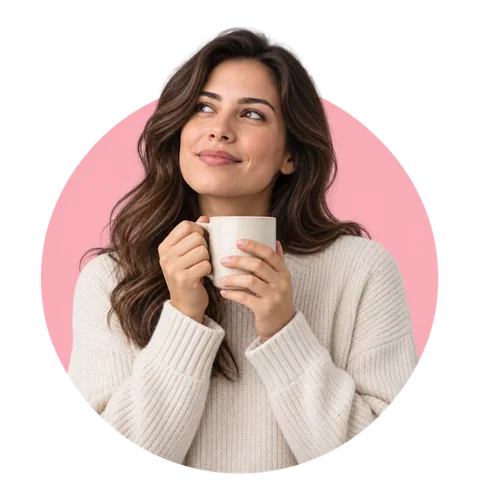 A woman holding a warm mug