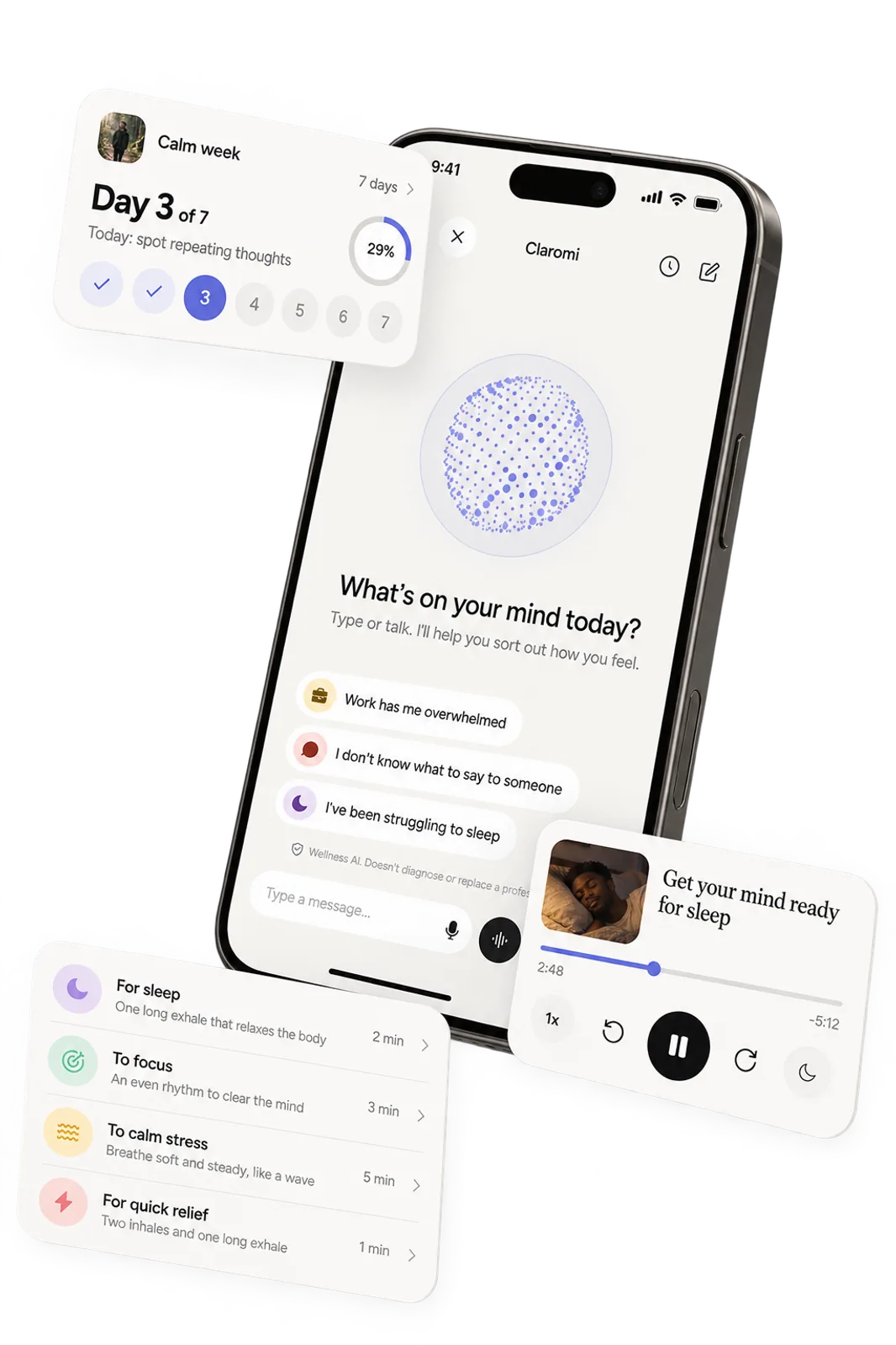 The Claromi app on a phone: a chat screen with the Claromi orb, surrounded by a course progress card, a breathing exercise list and an audio player.