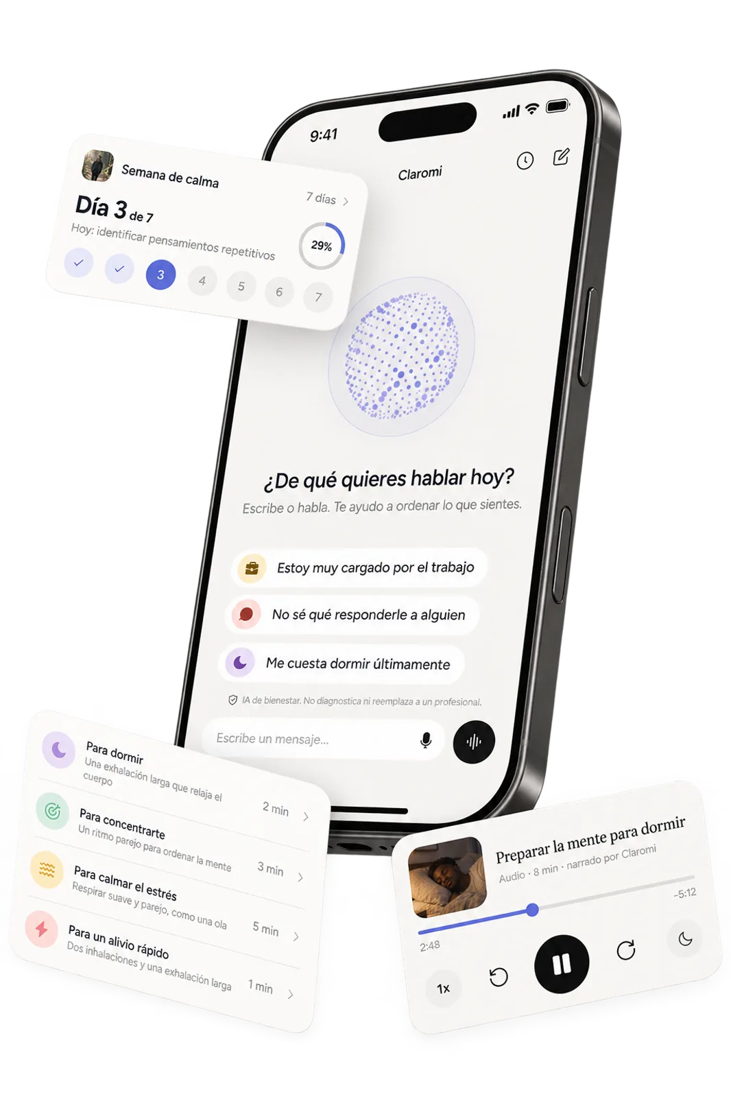 La app de Claromi en un celular: una pantalla de chat con el orbe de Claromi, rodeada de una tarjeta de progreso de un curso, una lista de ejercicios de respiración y un reproductor de audio.