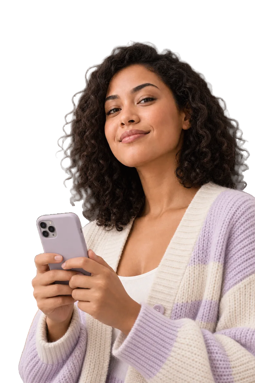 A woman with curly hair holding her phone and smiling calmly