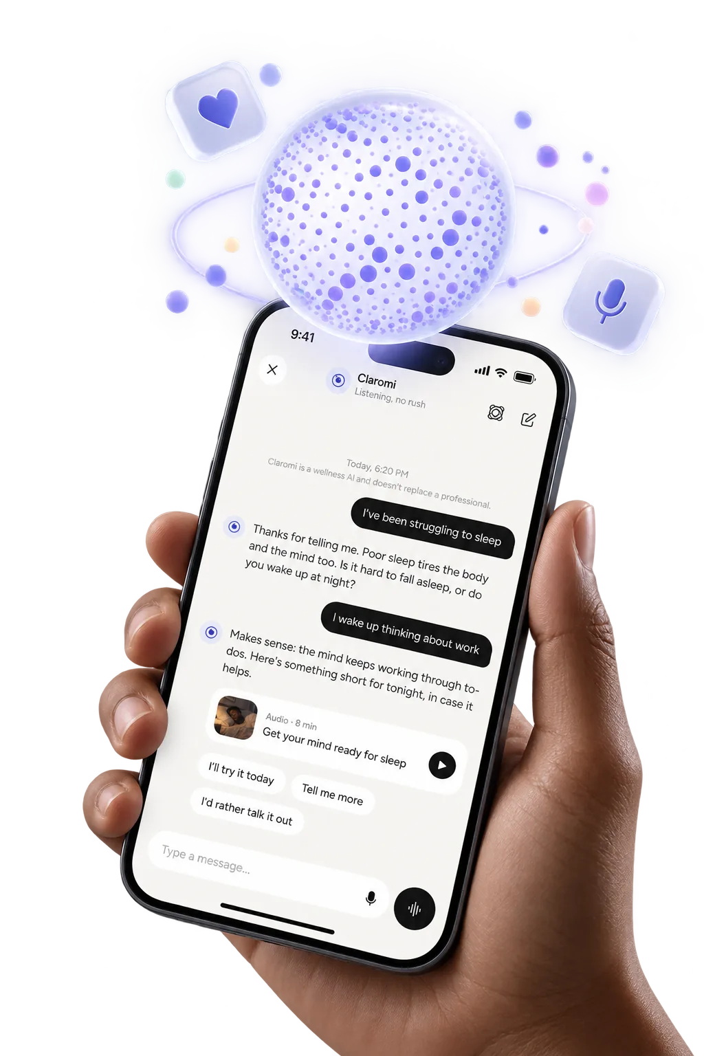 A hand holding a phone with a Claromi chat, and the glowing Claromi orb rising out of the screen.